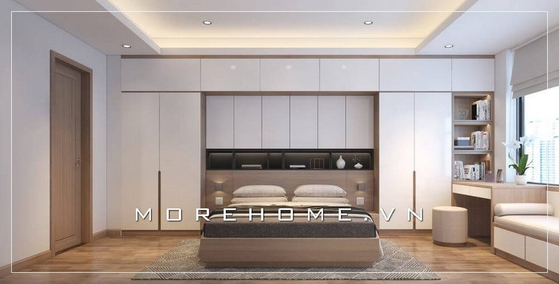 Mẫu tủ áo gỗ công nghiệp đầy hiện đại, trẻ trung, gam màu trắng chủ đạo kết hợp nâu nhẹ nhàng tạo nên sự thoải mái và sang trọng hơn cho không gian phòng ngủ